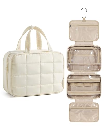 BAGSMART Travel Toiletry Bag for Womne, Hanging Travel Bag for Toiletries, Puffy Makeup Cosmetic Bag Organizer, Carry-on Travel Accessories Essentials, Beige - color: Beige-3, style: Style1-medium Size Only