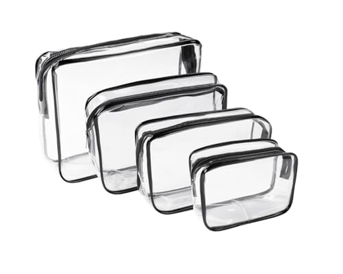 4Pack Black Clear Cosmetic Bags for Women Zipper Pouches Set PVC TSA Approved Toiletry Bag Organizers Packing Cubes