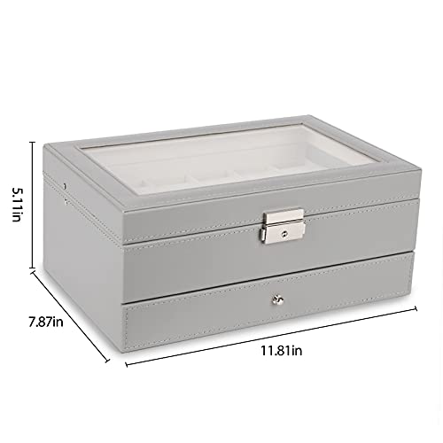 Watch Box 12 Slots, PU Leather Jewelry Box with Acrylic Top, Gray Display Case Organizer for Men and Women