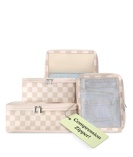 Vandel Space-Saving Compression Packing Cubes for Women, Men, Compressible Carry On Suit Case Organizer Luggage Packing Cubes for Travel Organizer Bags for Luggage and Backpacks, Suitcase Cube - color: 2. Neutral Checker, size: 4 Packing Cubes