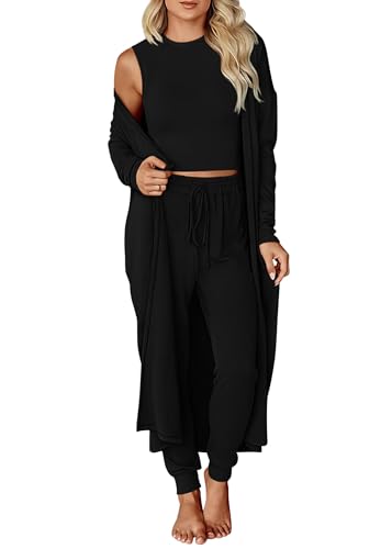 KIRUNDO 3 Piece Lounge Sets for Women Airport Travel Vacation Outfits 2026 Fall Cardigan Matching Sleeveless Top Jogger Pants - color: Black, size: X-Large