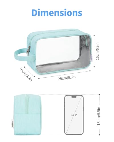 Narwey Clear Travel Toiletry Bags for Traveling Toiletries Men Women, Clear Makeup Bag Cosmetic Bag with Zipper, Make Up Pouch Organizer Bag with Handle, Skincare Beach Snack Medicine Bag, Green - color: Clear-Mint Green