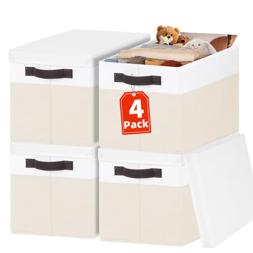 Large Nursery Closet Organizer Bins with Lids 4 Pack - 23 QT Decorative Storage Baskets for Living Room Bedroom Shelf - Stackable Storage Boxes with Lids Handles for Clothes Sweater Book Towel Purse - color: White with Beige, size: 4pcs-Large