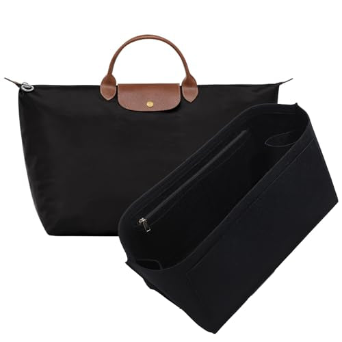 Purse Organizer Insert for Longchamp Le Pliage L Travel Tote Bag, Felt Lightweight Large Travel Tote Divider Shaper with Cup Holder,Zipper Bags Inner Linner with 9 Deepened Pockets,L/Black - color: Black, size: L Travel Bag