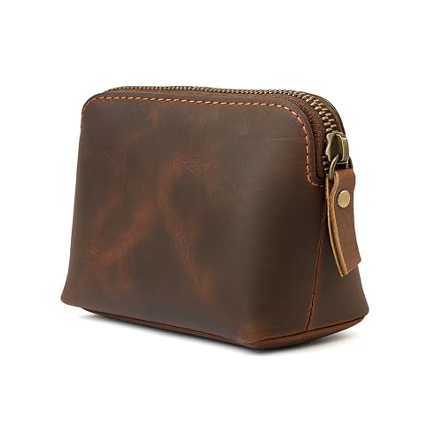 Full Grain Leather Cosmetic Bag – Zippered Makeup Pouch for Women, Small Travel Toiletry & Organizer Pouch for Purse, Premium Handmade Leather (5 × 4 × 2.5 in) - color: Brown
