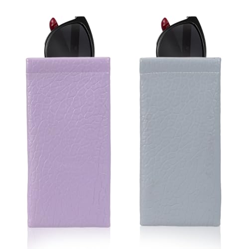 Squeeze Top Sunglass Pouch - Portable Sunglass Organizer Pouch Bags Soft PU Leather Glasses 2 Pack - color: Lilac Purple+denim Blue