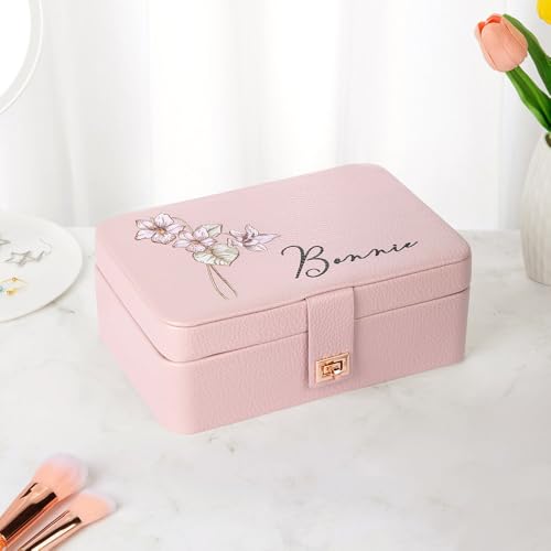 BYFDIY Custom 3-Layer Travel Jewelry Case Personalized Name Birth Flower Jewelry Organizer and Storage With 3 Colors LED Makeup Mirror Mother Jewelrys Box Gifts For Women Nana Size 9.25×6.3×3.54 INCH