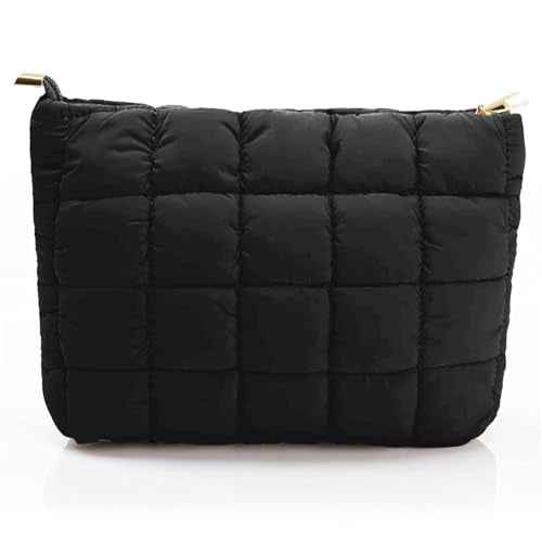 Hillban 1 Pcs Black Puffy Quilted Makeup Bag Quilted Cosmetic Bag Cute Puffer Toiletry Checkered Pouch Aesthetic Travel Makeup Brushes Organizer (Classic) - color: Black, size: Classic