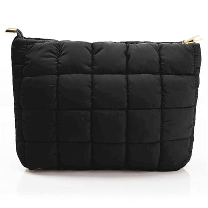 Hillban 1 Pcs Black Puffy Quilted Makeup Bag Quilted Cosmetic Bag Cute Puffer Toiletry Checkered Pouch Aesthetic Travel Makeup Brushes Organizer (Classic) - color: Black, size: Classic