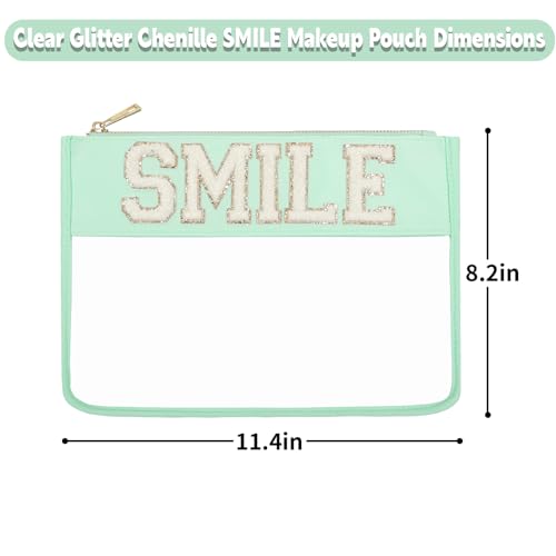 Beach Vacation Essentials Clear Makeup Bag with Glitter Chenille Zipper Cosmetic Pouch for Travelling Women (Mint-Smile) - color: Mint-Smile, size: Flat