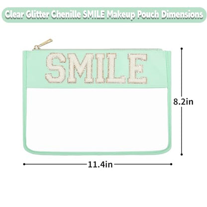 Beach Vacation Essentials Clear Makeup Bag with Glitter Chenille Zipper Cosmetic Pouch for Travelling Women (Mint-Smile) - color: Mint-Smile, size: Flat
