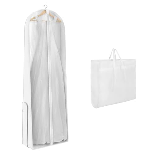 Univivi Wedding Dress Garment Bag, 72" Portable Bridal Dress Bags for Gowns Long, 12'' Gusseted Long Garment Bags with Clear Window and 2 PVC Accessory Pockets for Women, White - color: White/Clear