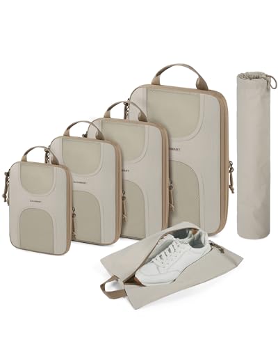BAGSMART Compression Packing Cubes, 6 Set Packing Cubes for Suitcases, Lightweight Suitcases Organizers Bag Set & Compression Travel Cubes, Travel Essentials Packing Organizers - color: 05-Camel