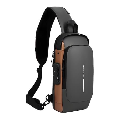 Unisex Anti-Theft Sling Bag with USB Port, Water-Resistant Crossbody Chest Backpack for Travel & Work - color: Grey & Golden