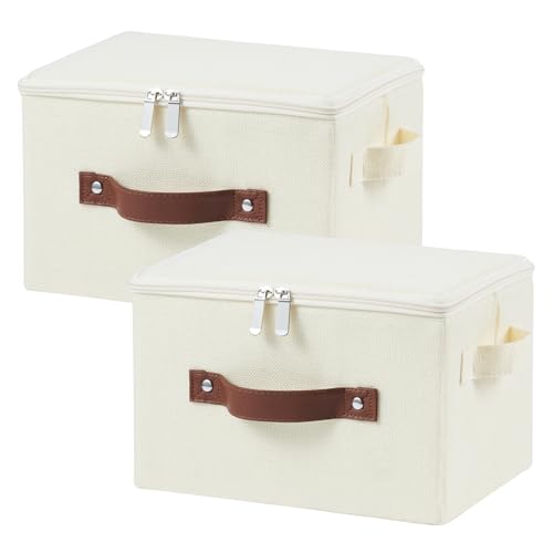 2 Pack Storage Bins with Zipper Lid Cotton Linen Fabric Lidded Storage Baskets Boxes Foldable Washable Closet Shelf Clothes Organizer Container with PU Leather Handles (Beige, Small Size) - color: Beige, size: Small ( Set of 2 )