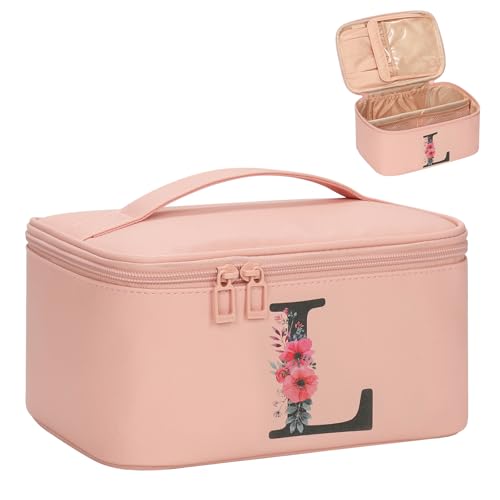 OCHEAL Initial Makeup Bag,Monogram Make up Bag Pink Travel Makeup Organizer Case Beauty Toiletry Cosmetic Bag with Brush Holder, Trendy Stuff Personalized Gifts for Women and Girls-L - color: Pink, style: L