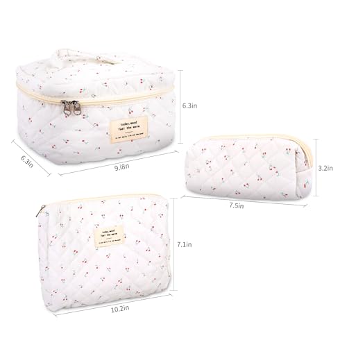 GISMTR 3Pcs Cotton Quilted Makeup Bag Large Travel Cosmetic Bag Coquette Makeup Pouch Cute Aesthetic Floral Toiletry Bag for Women Girls (cherry-B) - color: cherry-B