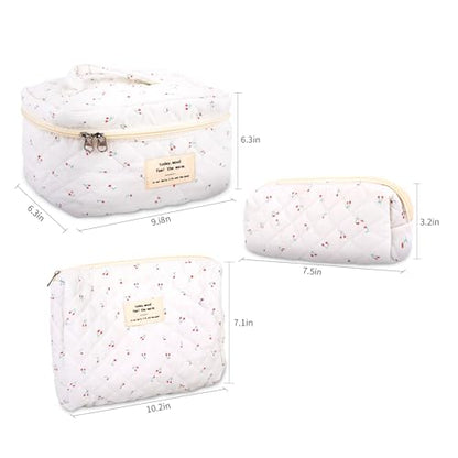 GISMTR 3Pcs Cotton Quilted Makeup Bag Large Travel Cosmetic Bag Coquette Makeup Pouch Cute Aesthetic Floral Toiletry Bag for Women Girls (cherry-B) - color: cherry-B