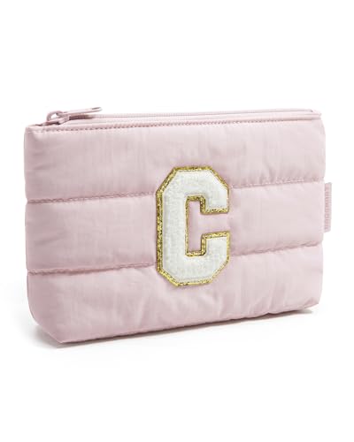 BAGSMART Personalized Makeup Bag with Initial, Pink Small Cosmetic Travel Organizer, Water-Resistant Pouch for Women & Teens for Bridesmaid Graduation (Initial-C, Small) - color: Initial-C, size: Small