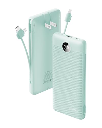 VRURC Portable Charger Built-in Cables and AC Wall Plug, USB C Power Bank 10000mAh, Travel Battery Portable Phone Charger Compact Lightweight External Battery Pack for Smart Phones, Tablets etc-Green - color: Green