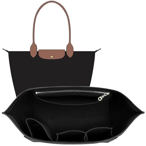 Felt Longchamp Bag Organizer Insert Compatible with Long Champ Le Pliage L Tote Bag & M Handbags, Zipper Purse Organizer Insert with Cup Holder, 8 Compartments, Custom Divider (Black,L) - color: Black, size: L Tote Bag (Long Handle)