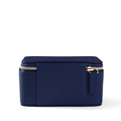 Leatherology Navy Blue Medium Jewelry Organizer – Full-Grain Leather Travel Case with Structured Design, Ring & Earring Storage, Zippered Suede Pouches - color: Navy Blue
