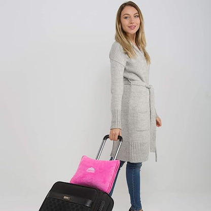 BlueHills Premium Soft Travel Blanket Pillow Airplane Blanket Packed in Soft Bag Pillowcase with Hand Luggage Belt and Backpack Clip, Compact Pack Large 2 in 1 Combo for Any Travel (Pink T004) - color: Pink-1pk-t004