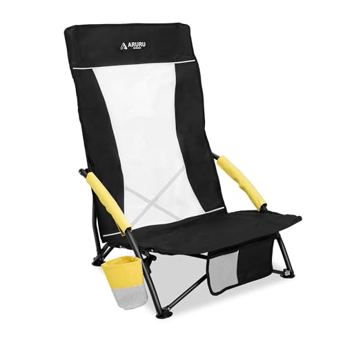Low Beach Chairs for Adults High Back,Folding Portable Sling Beach Camping Chair with Cup Holder,Lightweight Foldable Camp Lawn Chair for Outdoor Sand Concert Travel Sport Events - color: Black, size: High Back