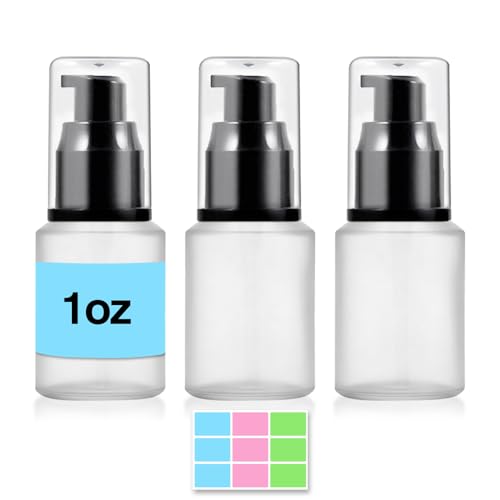 3PCS 30ML/1OZ Empty Clear Frosted Glass Bottles with Pump Refillable Vial Cosmetic Dispenser Jars Storage Travel Lotion Container Portable Sample Bottle for Toiletries,Foundation,Cream,Gel,Lotion - color: Frosted Clear, size: 1 Ounce