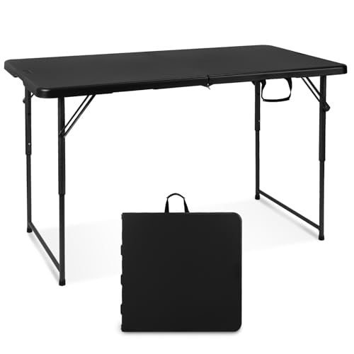 Byliable Folding Table 4 Foot Portable Heavy Duty Plastic Fold-in-Half Utility Table Small Indoor Outdoor Adjustable Height Folding with Carrying Handle, Camping and Party, Black - color: Black, size: 4FT