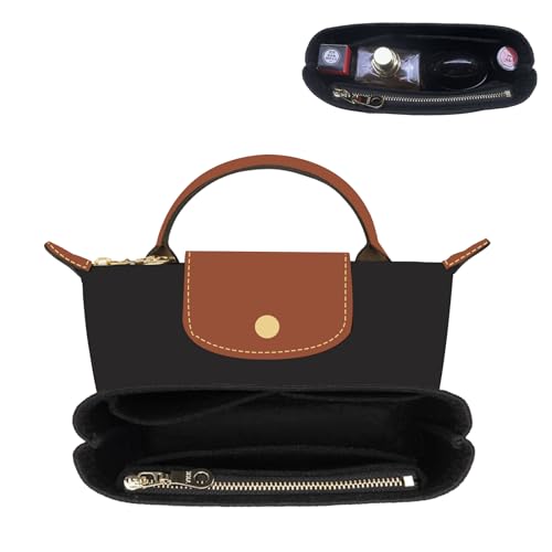 Felt Purse Organizer Insert Compatible with Longchamp Le Pliage Mini Original/Green Pouch and More, Small Bag Insert with Zipper for Women Handbag(Mini, Black) - color: Black, size: XS Pouch