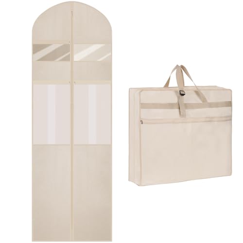 Wedding Dress Garment Bag,72" Tri-Fold Bridal Gown Bag with 6 Pouches and Adjustable Buckle Gown Cover for Wedding/Prom/Travel/Closet Storage (Beige) - color: Beige