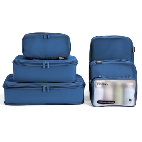 6 Set Compression Packing Cubes for 7–14 Day Travel, Dark Blue | Nylon Oxford Fabric, Full Breathable Mesh, Reinforced Double-Zipper, Small to Large Size Bag, Expandable Packing System - color: Dark Blue