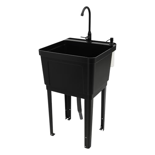Black Utility Sink, Free Standing Laundry Sink, Laundry Tub Sink with Faucet+Soap Dispenser+Drain Pipe Kit, Laundry Room Sink for Restaurants, Laundries, Stores - color: Black, 19.7 x 19 x 33.1in