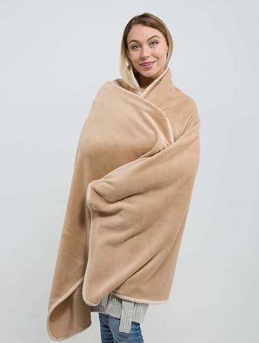BlueHills Premium Soft Tall Travel Blanket Pillow for Airplane Traveling Essentials Long Flight Trip Throw in Bag case with Backpack Clip Compact Large Plane Accessories Beige T053 - color: Beige-long-t053