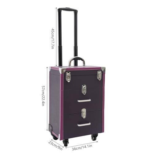 Large Capacity Rolling Cosmetic Case, Travel Trolley Case Mobile Storage Box, Multifunctional Makeup Train Case, Portable Tool Organizer with Lock and Universal Wheels for Beauty Salon Nail (Purple)