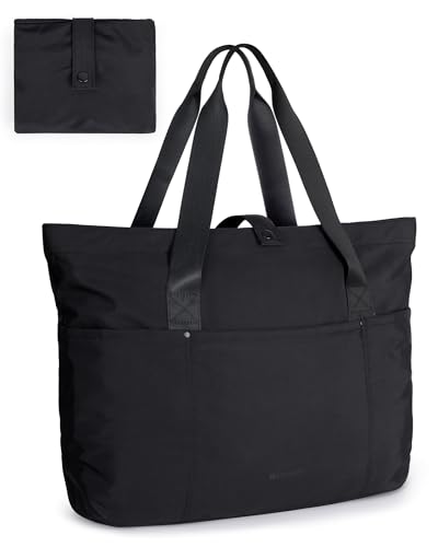 BAGSMART Tote Bag for Women, Foldable Tote Bag With Zipper Travel Shoulder Bag Handbag for Work - color: Black