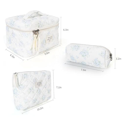 GISMTR 3Pcs Cotton Quilted Makeup Bag Large Travel Cosmetic Bag Coquette Makeup Pouch Cute Aesthetic Floral Toiletry Bag for Women Girls (flower-T) - color: flower-T