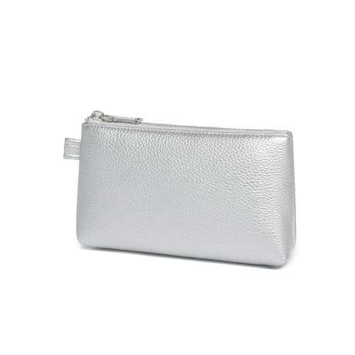 30 Color PU Faux Leather Travel Toiletry Bag for Women, Mini Cosmetic Pouch Organizer with 2 Dividers, Easy Clean Makeup Bag for Purse, Gift Idea (PU Faux Leather/Pearl Silver) - color: PU/Pearl Silver