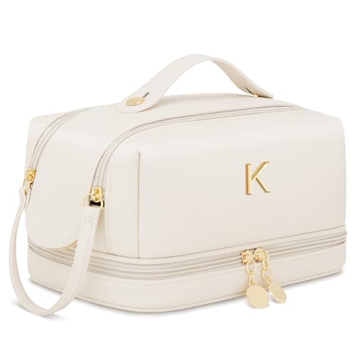 Gifts for Women Birthday Gifts Initial Makeup Bag for Women Personalized Large Capacity Travel Toiletry Bag Cosmetic Bag Gifts for Mom-Graduation Gift for Teens Girls (Beige K) - color: Beige, style: K