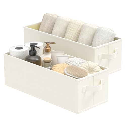 Narrow Storage Bins, Small Fabric Organizer with Handles, Foldable Basket for Closet and Shelves, Toilet Paper Storage, 2 Pack, Beige, 15 x 6 x 5 In, XSNY19BE-2 - color: Beige