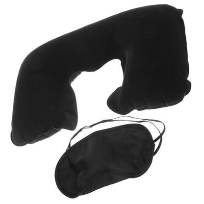 MAGICLULU Inflatable Travel Neck Pillow with Airplane Eye Mask and Set, Black Velvet U-Shaped Sleep Pillow for Plane Travel, Portable Outdoor Comfort Kit