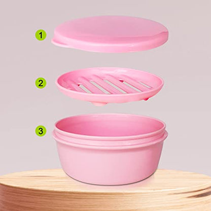 2 Pack Portable Round Soap Dishes, Plastic Soap Container with Lid Leak-Proof Drain Soap Box Holder Soap Container for Home Traveling Outdoor Hiking Camping Gym (Green + Pink) - color: Green+pink