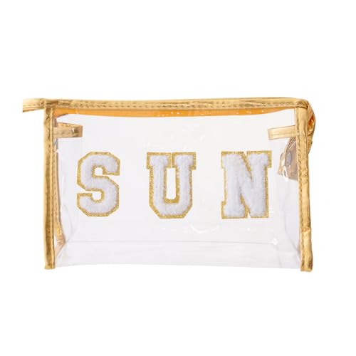 Clear Preppy Patch Cosmetic Bag, Sun Chenille Letter Bag for Beach, Clear Travel Pouch with Zipper, Small Toiletry Bag for Women Girls Teens Gift (Gold) - color: Gold
