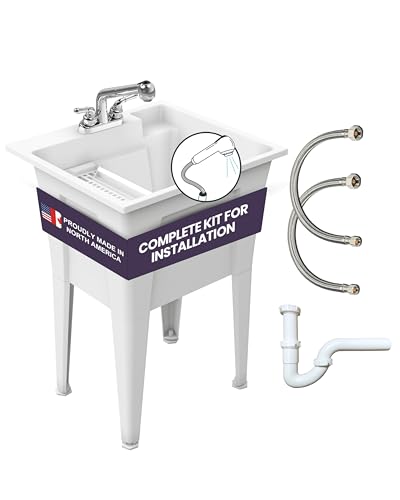 Freestanding Utility Sink with Two Handle Chrome Faucet - 24" Plastic Utility Sink for Garage, Laundry, Indoor and Oudoor Use - Laundry Tub Kit by Noah William Home - White (19.5 gal) - color: White - Two handle chrome faucet
