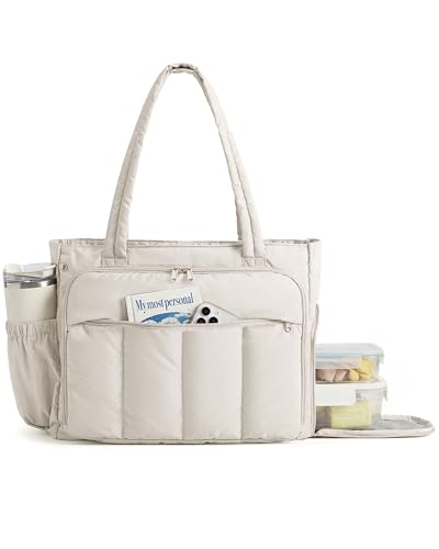 BAGSMART Laptop Tote Bag, Lunch Tote Work Bag with Lunchbox Compartment, Large Puffer Teacher Nurse Tote Large Shoulder - color: Beige