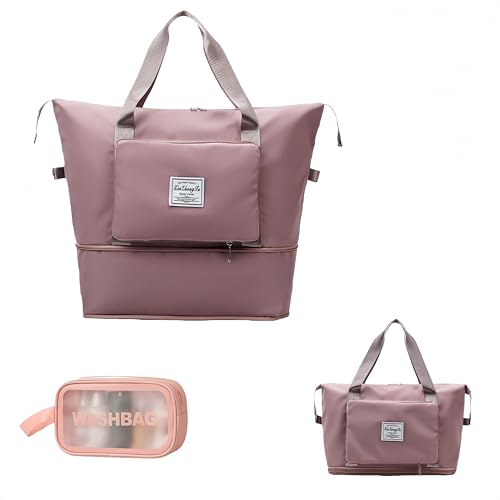 Large Capacity Foldable Travel Bag, Expandable lightweight Carry on Bag, Dry with Wet Separation Spor Duffel Bags (Pink+Toiletry Bag) - color: Pink+Toiletry Bag