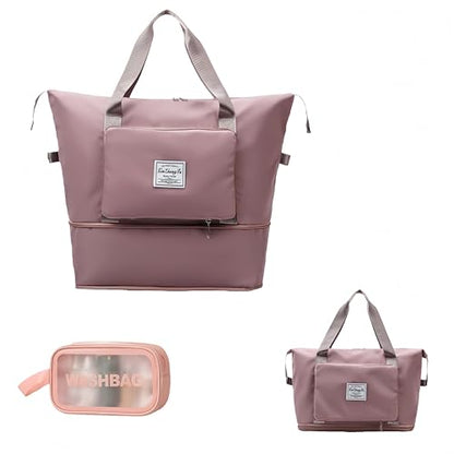 Large Capacity Foldable Travel Bag, Expandable lightweight Carry on Bag, Dry with Wet Separation Spor Duffel Bags (Pink+Toiletry Bag) - color: Pink+Toiletry Bag