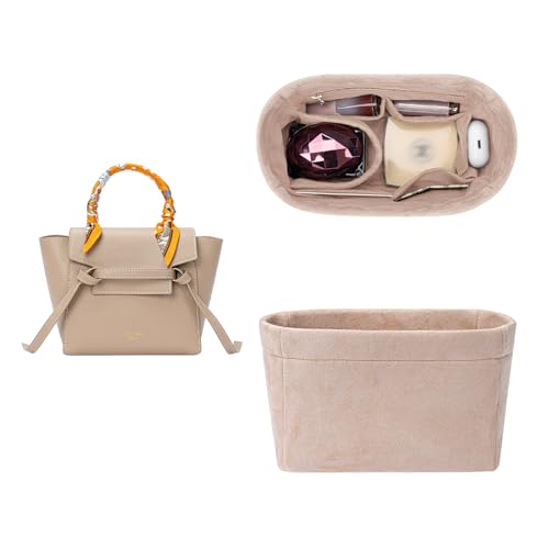 GIVLEFLY Velvet Purse Organizer Insert for Luggage Style Satchel Bag, Structured Handbag Liner Shaper with Multi Pockets for Nano Micro Size,beige small - color: Beige, size: Small