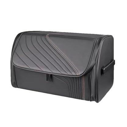TOPABYTE Car Trunk Organizer with Lid and Sturdy Handle Foldable Durable Premium Leather Storage Box Cargo for BMW SUV Sedan Truck, Black, Small